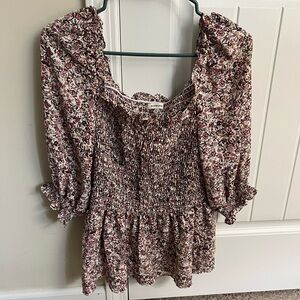 Max Studio Brown and White Smocked Peplum Blouse